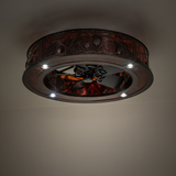Dimly lit Whispering Pines chandelier showing downlights and fan view.