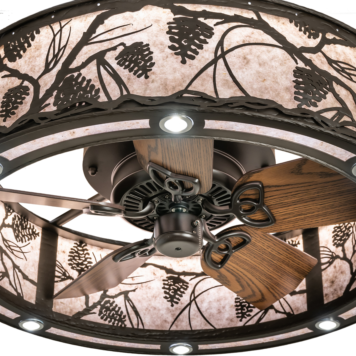 Close-up showing dark wood blades and central motor detail.