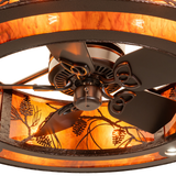Detailed view of fan and light assembly inside Whispering Pines chandelier.