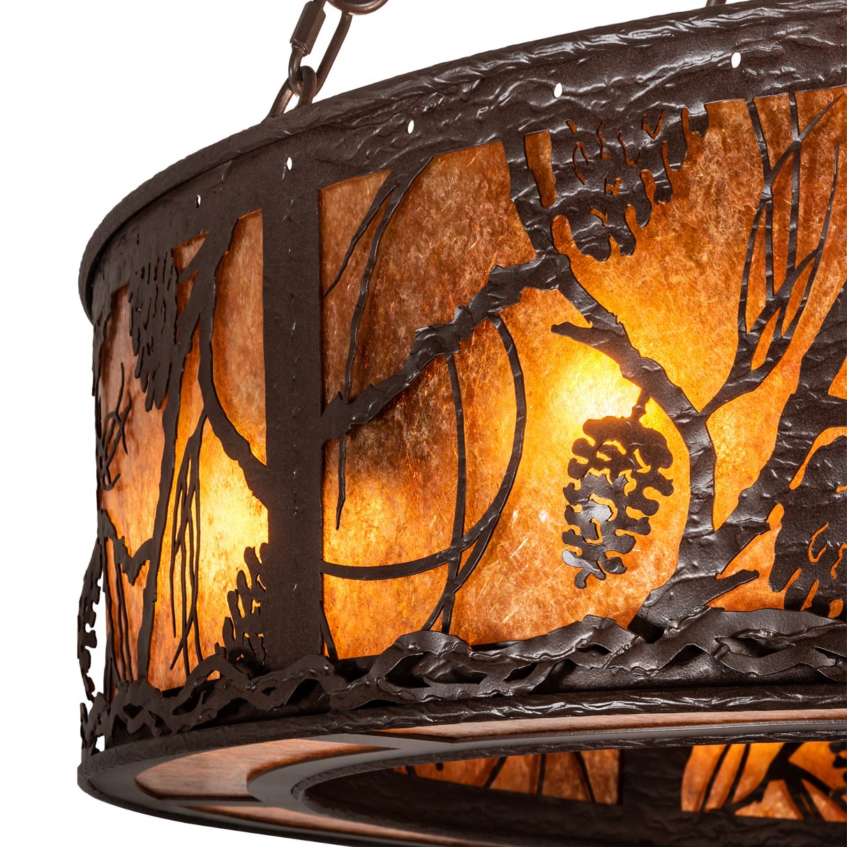 Detailed view of handcrafted pinecone and branch metal frame.
