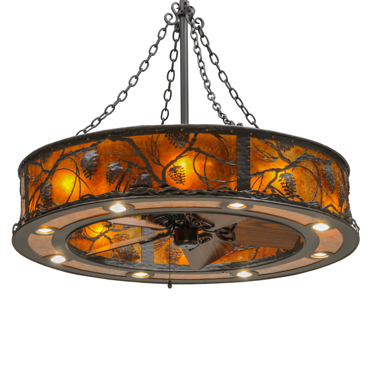 Front angle lit view showing pinecone cutouts and warm amber glow.