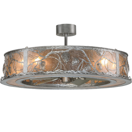 Front angle lit view showing silver mica panels and pinecone design.