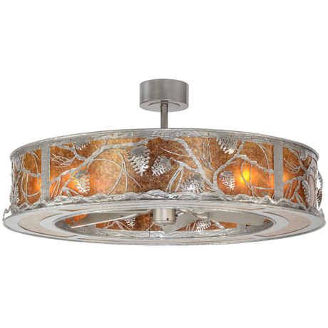 Front angle lit view showing Amber Mica diffuser with pinecone design.