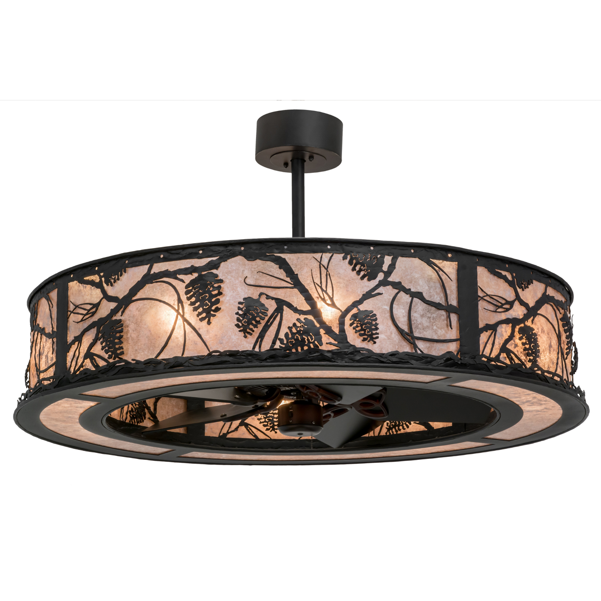 Front angle lit view of Whispering Pines Chandel-Air glowing through Silver Mica shade.