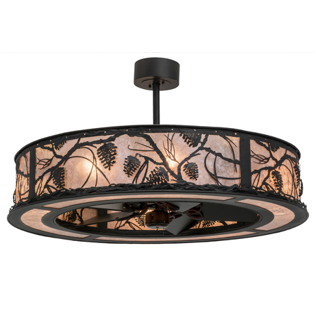 Front angle lit view of Whispering Pines Chandel-Air glowing through Silver Mica shade.