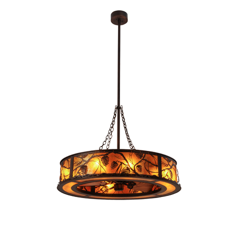 Front angled lit view highlighting amber mica glow and pinecone details.