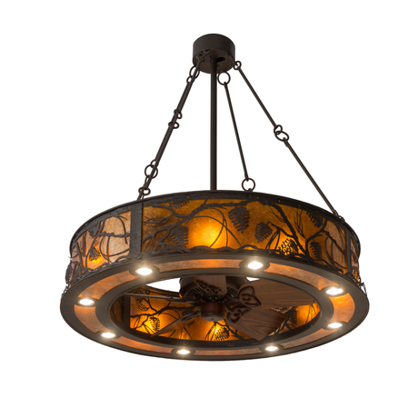 Front angled lit view showing glowing Amber Mica diffuser and bronze finish.
