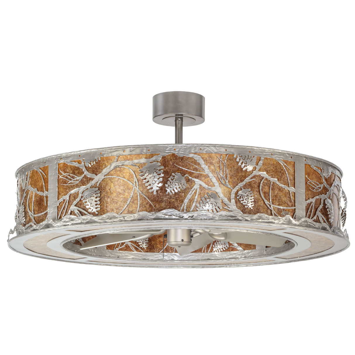 Front angle unlit view highlighting Nickel frame and etched pine detail.