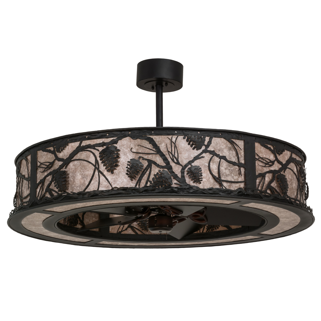 Front unlit view showing handcrafted pinecone design and textured black finish.