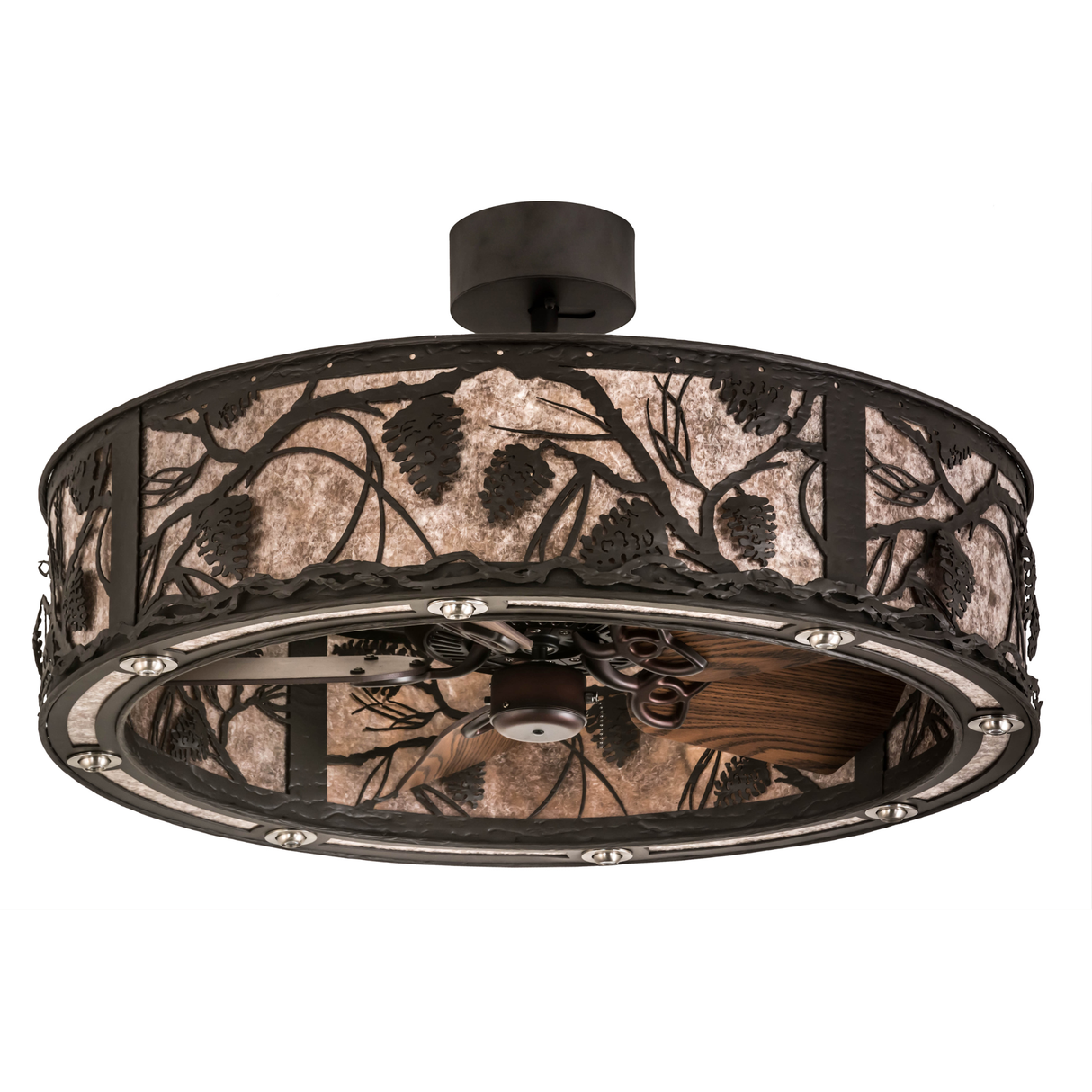 Front angled unlit view highlighting intricate pinecone metalwork.