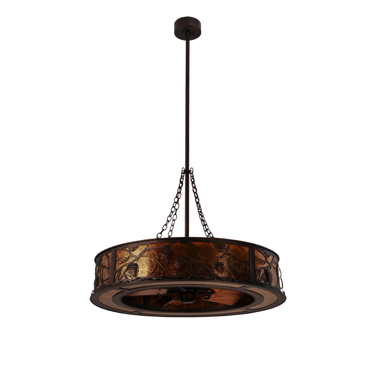Front angled unlit view showing handcrafted pinecone and branch designs.