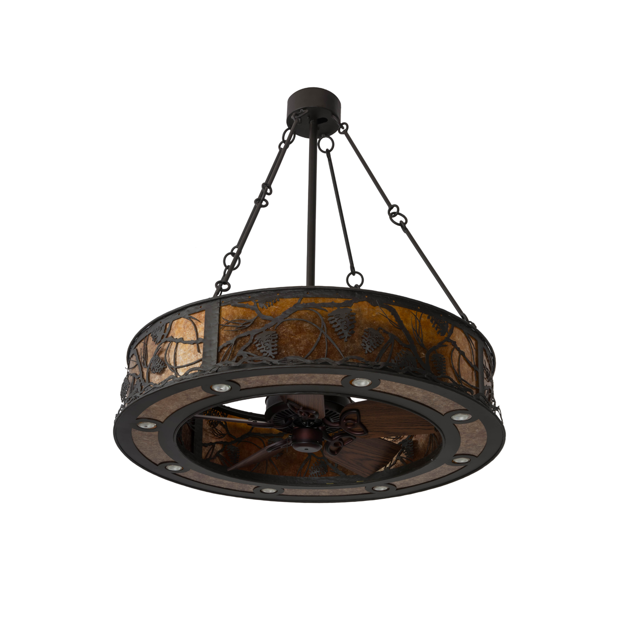 Front angled unlit view highlighting pine branch metalwork and fan design.