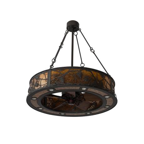 Front angled unlit view highlighting pine branch metalwork and fan design.