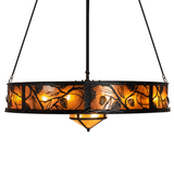 Front view capturing symmetrical design and glowing amber mica panels.