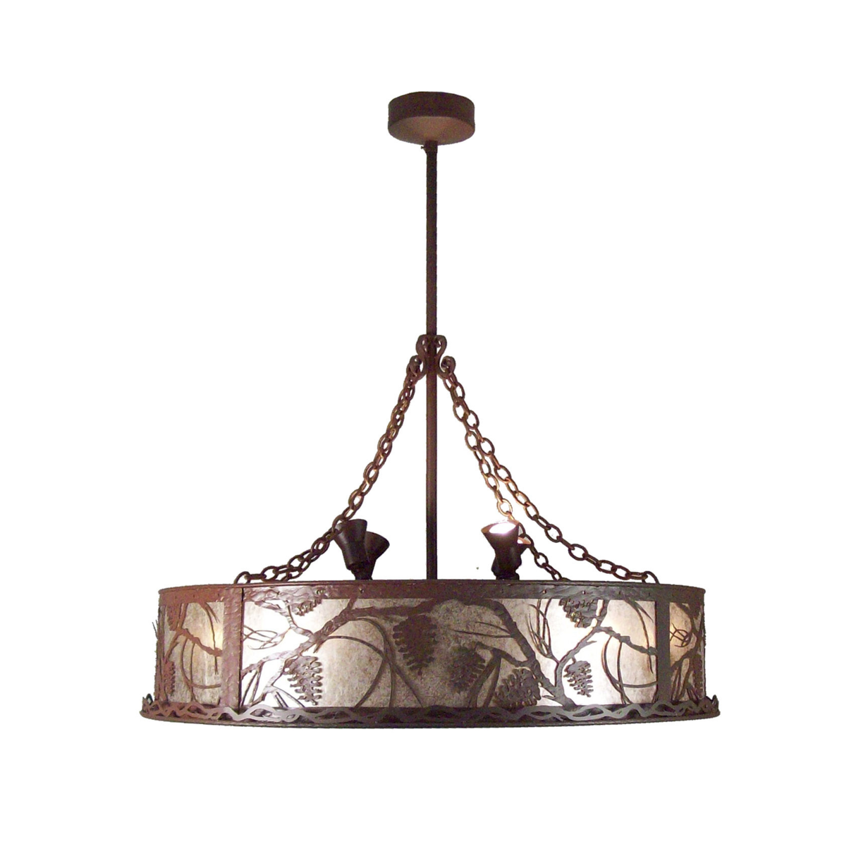 Whispering Pines Chandel-Air front view lit showing pinecone design.