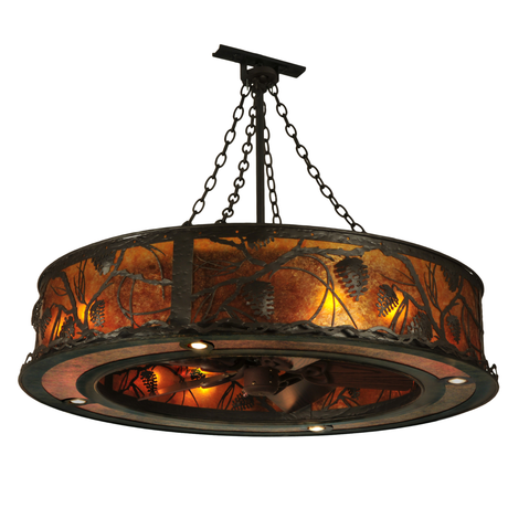 Front view of illuminated Whispering Pines Chandel-Air with pinecone design.