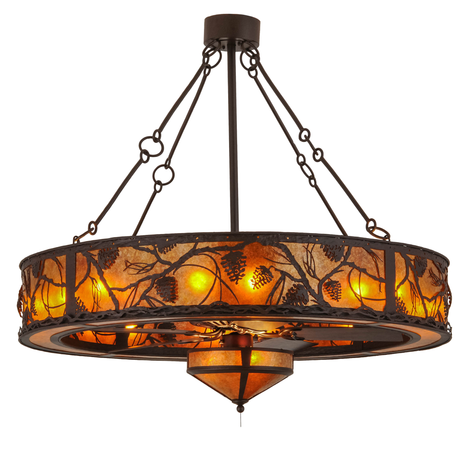 Front lit view showing glowing amber mica panels with pinecone motif.