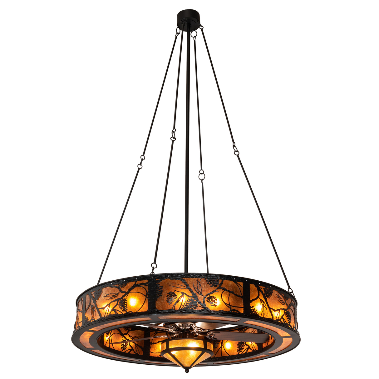 Full-length lit view showing elegant suspension and rustic forest detailing.