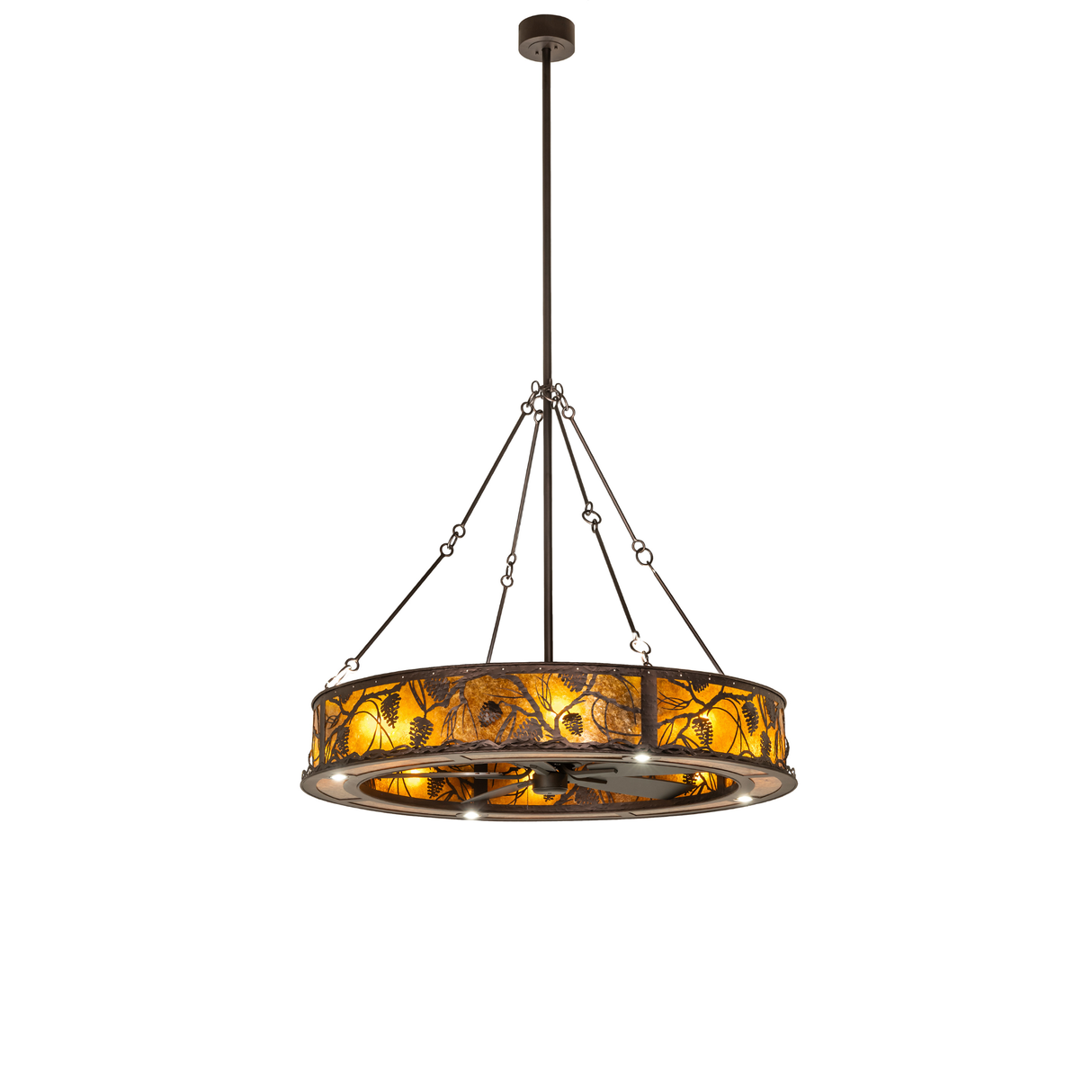 Full-length hanging view of Whispering Pines Chandel-Air chandelier fan.