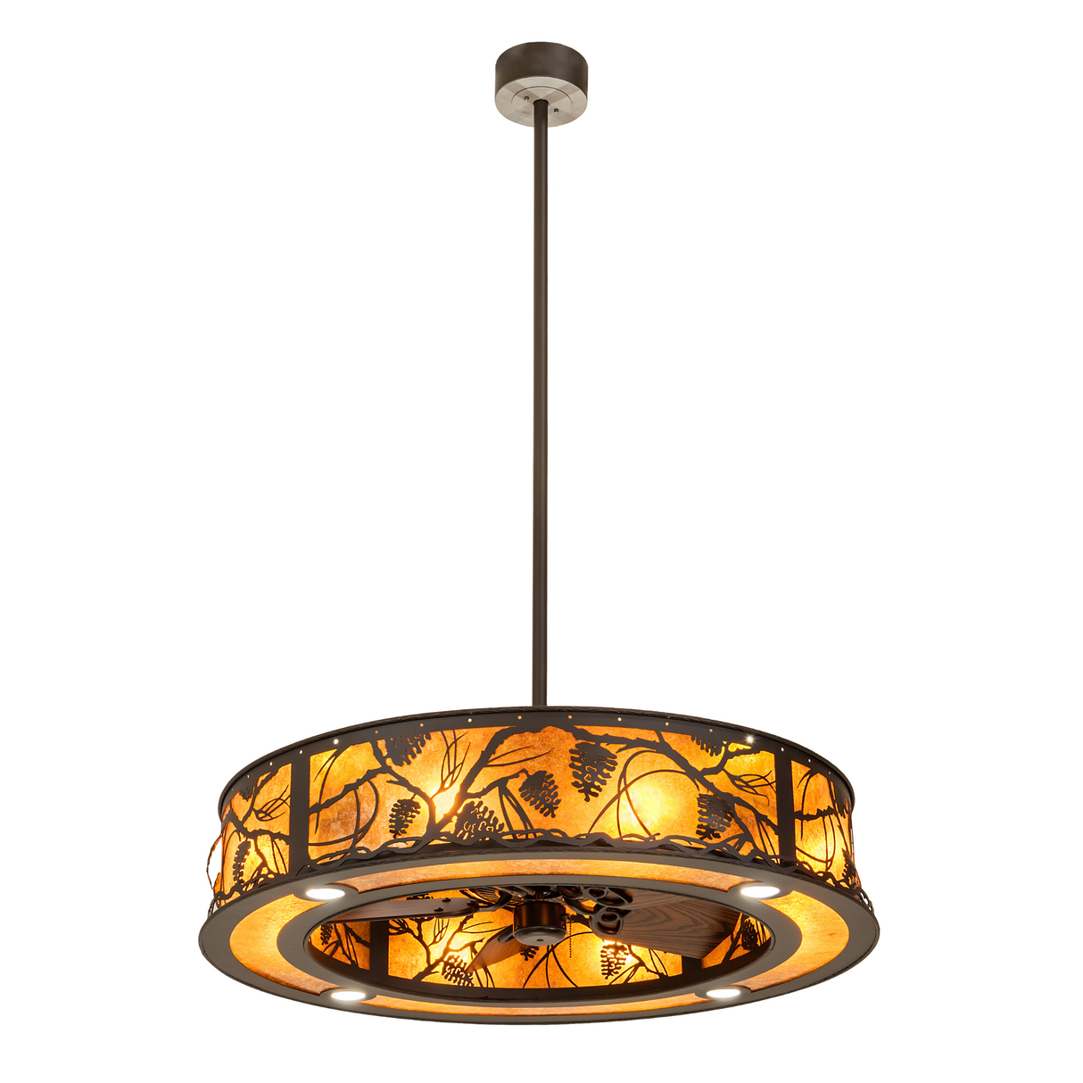 Full illuminated view of Whispering Pines Chandel-Air with warm amber mica panels.
