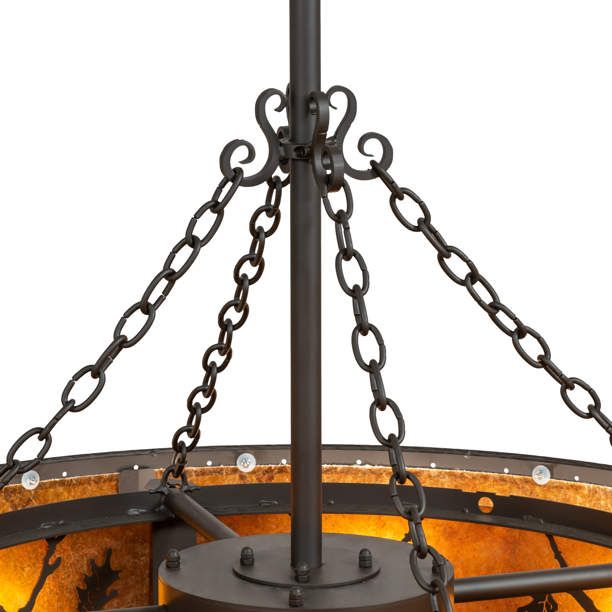 Detailed view of hanging chains and upper support rod in bronze finish.