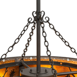 Detailed view of hanging chains and upper support rod in bronze finish.