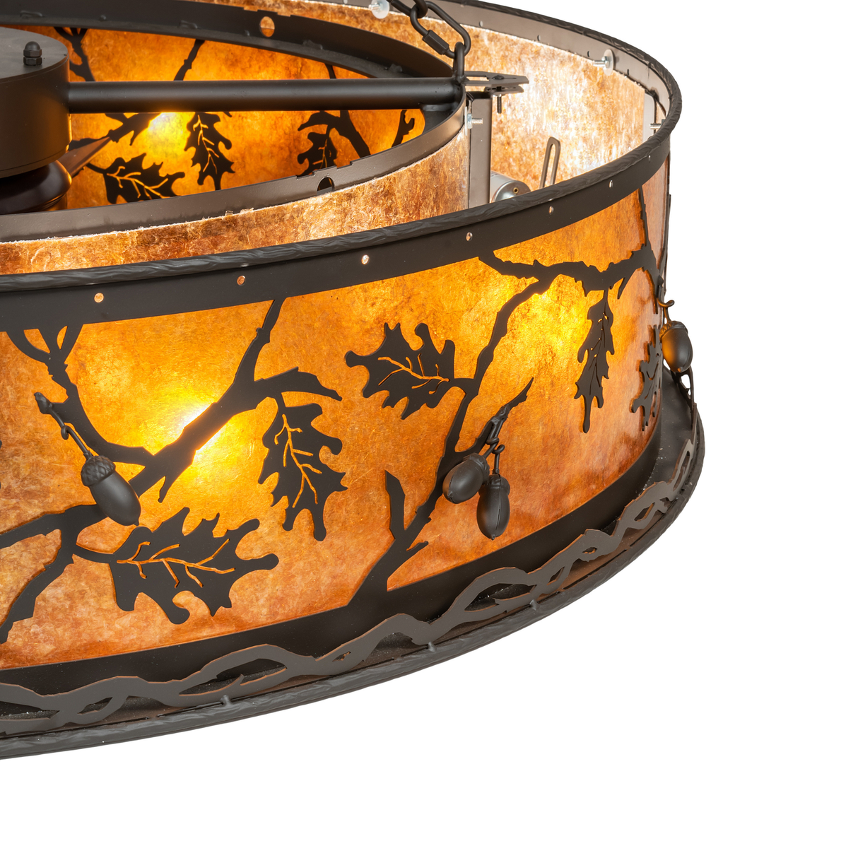 Close-up of inner frame, glowing mica, and metal branch texture.