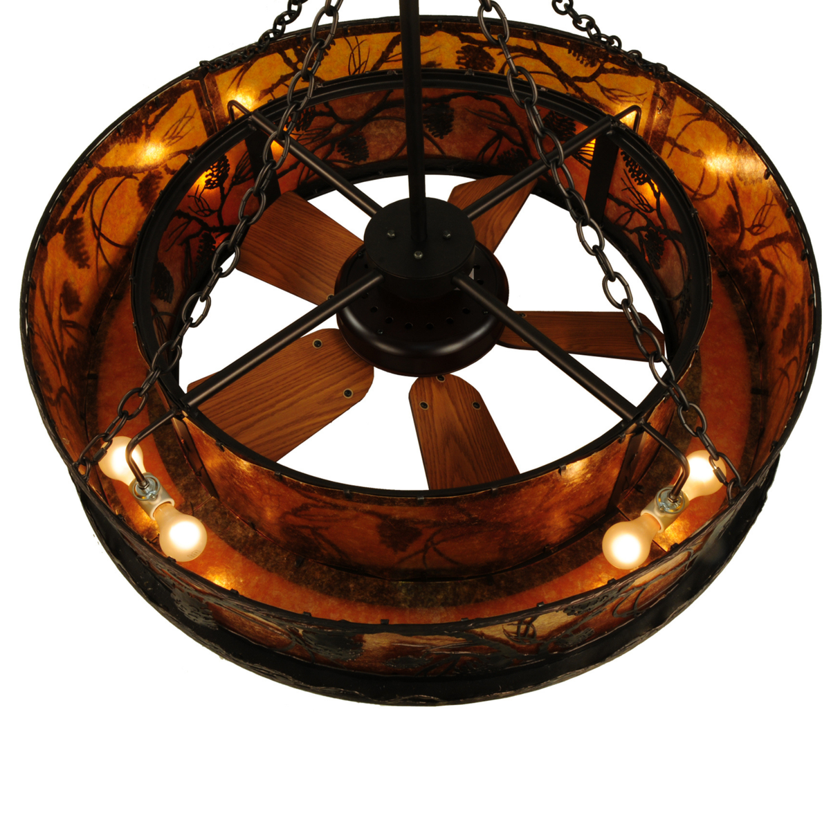 Interior view showing light bulbs and wooden fan blades.