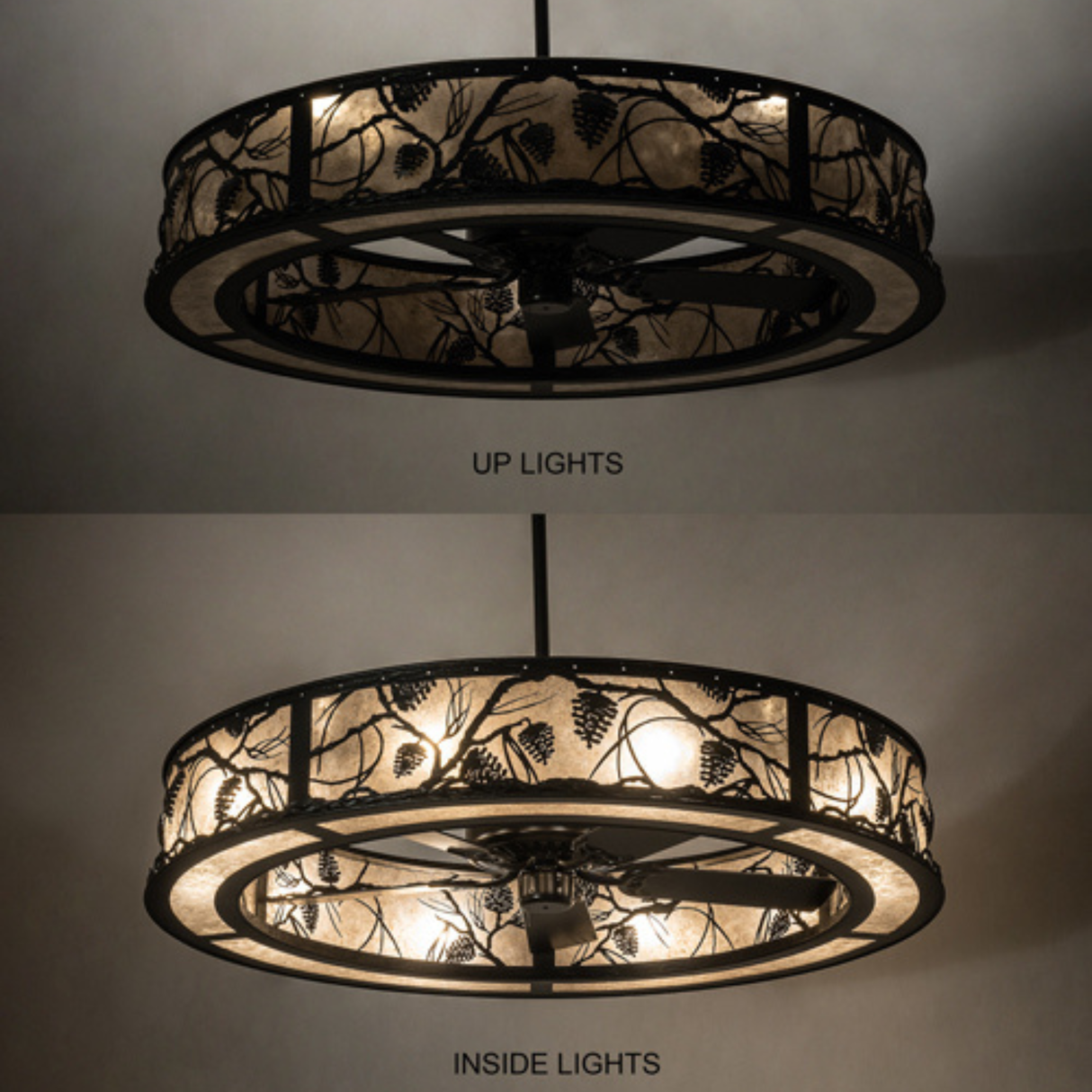 Comparison showing Whispering Pines Chandel-Air with uplights and inside lights.