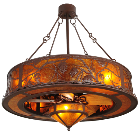 Whispering Pines Chandel-Air glowing with Amber Mica shade and pinecone design.