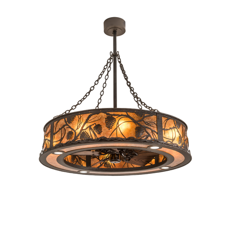 Angled lit view of Whispering Pines Chandel-Air glowing with amber mica diffuser.