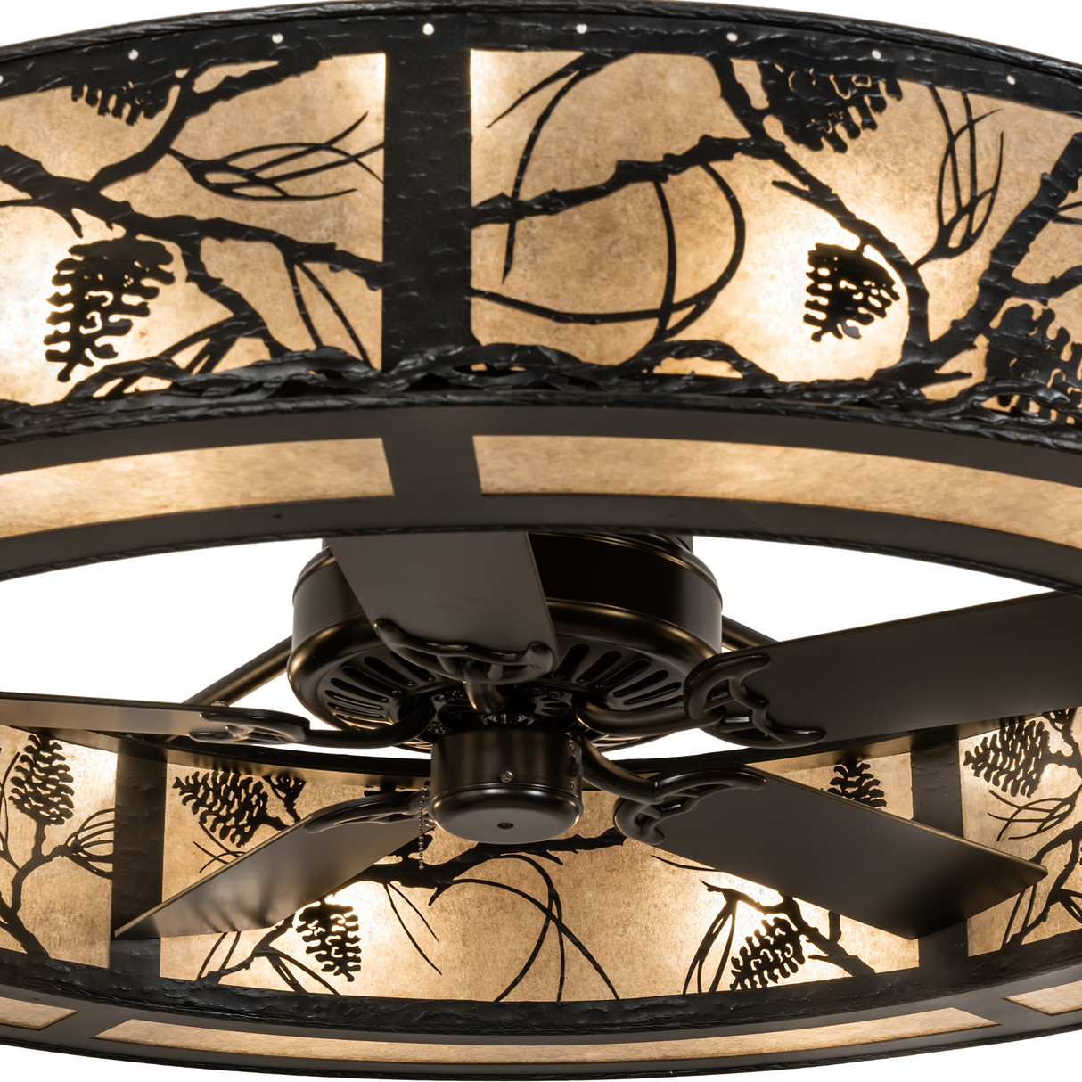 Illuminated angled view emphasizing handcrafted design and natural texture.