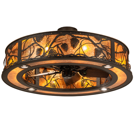 Whispering Pines Chandel-Air glowing with amber mica and pinecone details.