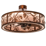 Whispering Pines Chandel-Air glowing with pinecone and branch design.