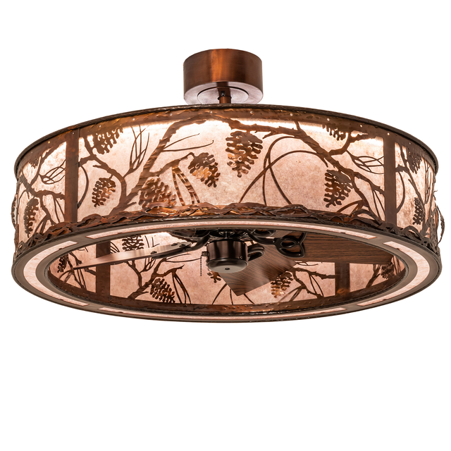 Whispering Pines Chandel-Air glowing with pinecone and branch design.
