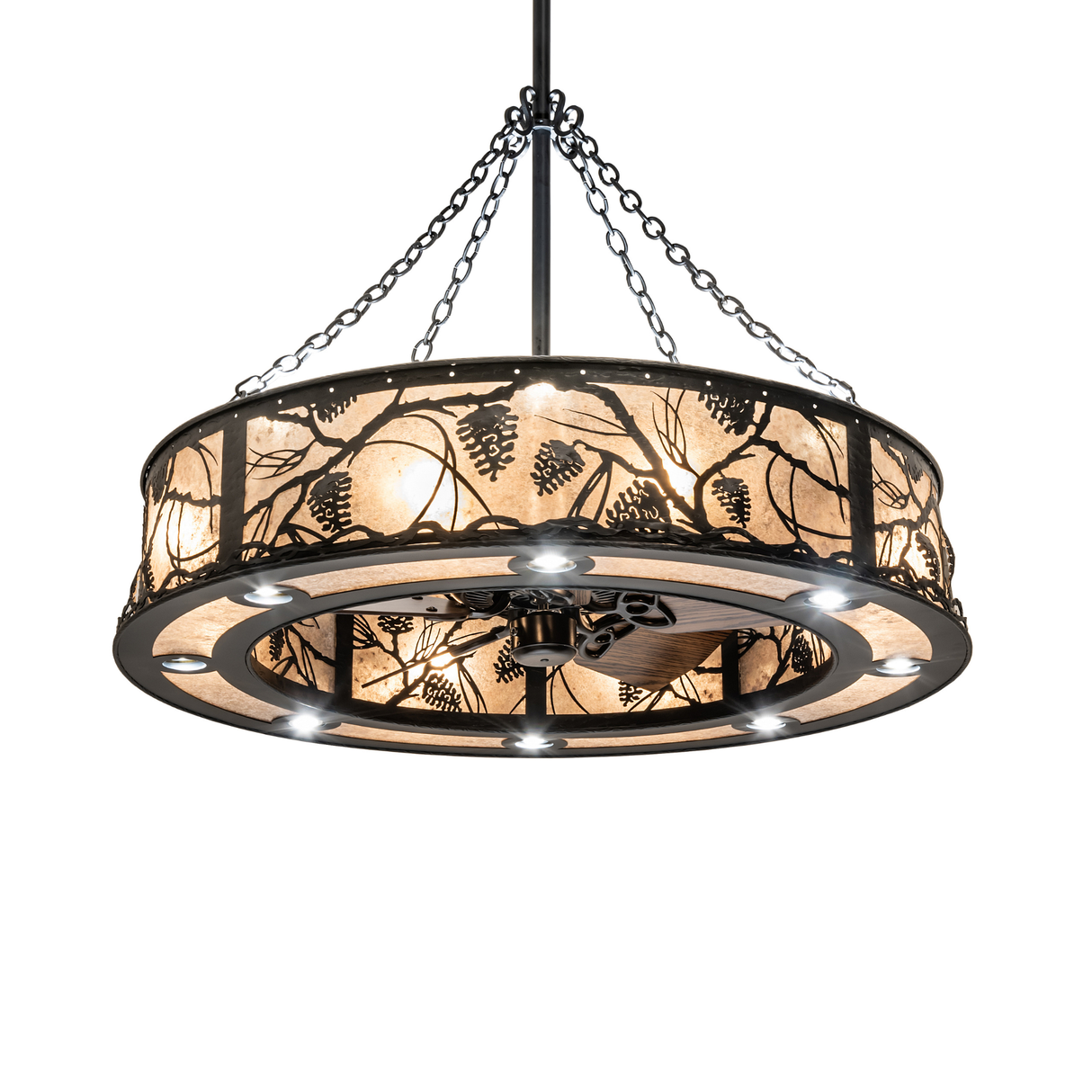Whispering Pines Chandel-Air glowing warmly with pinecone pattern detail.