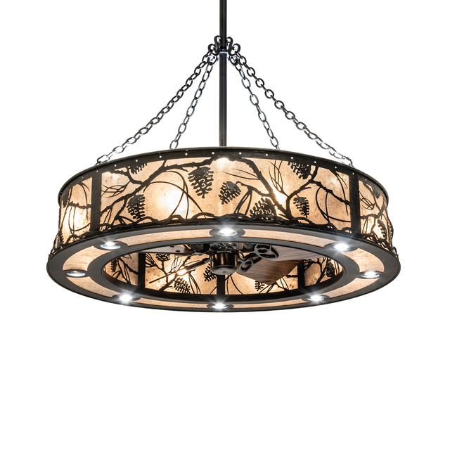 Whispering Pines Chandel-Air glowing warmly with pinecone pattern detail.