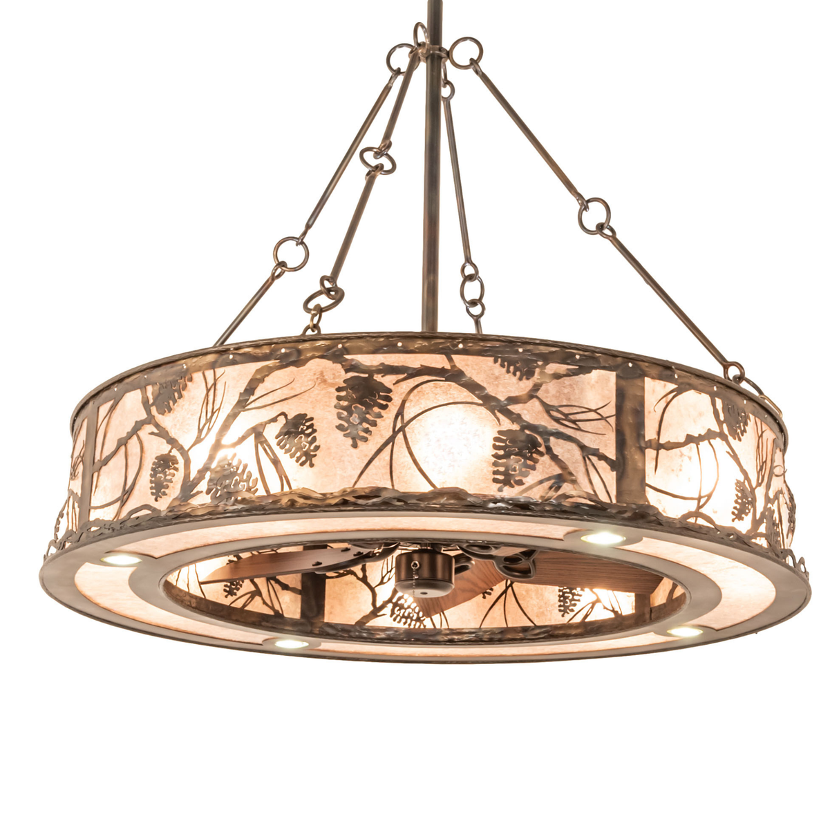 Whispering Pines Chandel-Air lit at side angle with glowing mica shade.