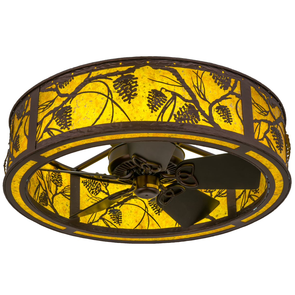 Bottom angled view of Whispering Pines Chandel-Air with glowing amber mica shade.