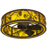 Bottom angled view of Whispering Pines Chandel-Air with glowing amber mica shade.