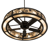 Angled bottom-lit view showing fan blades and pine design details.