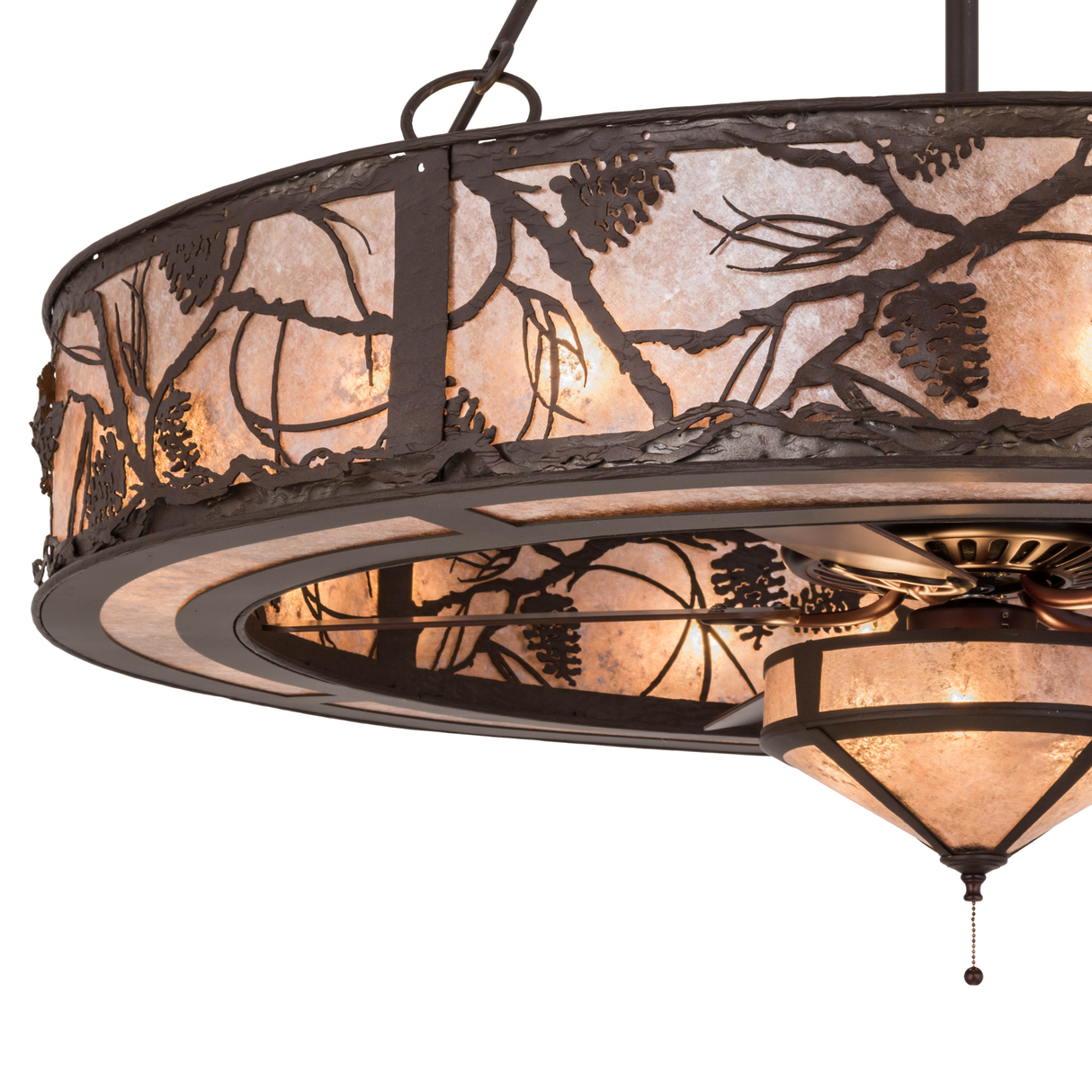 Closeup showing pinecone design and bronze finish details.
