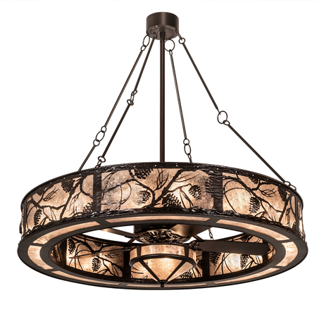 Front angle lit view of Whispering Pines Chandel-Air with pinecone motifs.
