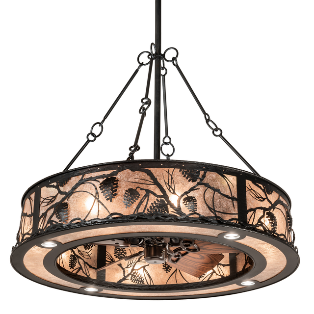 Front angle lit view of Whispering Pines Chandel-Air with pinecone design.