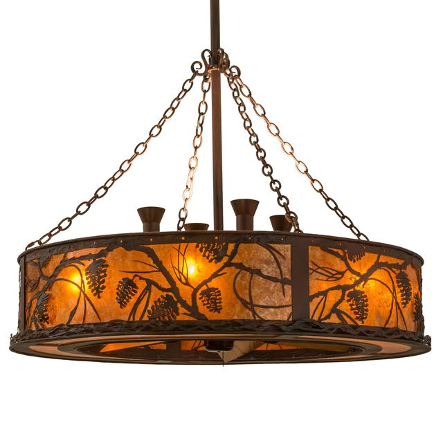 Front view of Whispering Pines Chandel-Air with glowing amber mica shade.