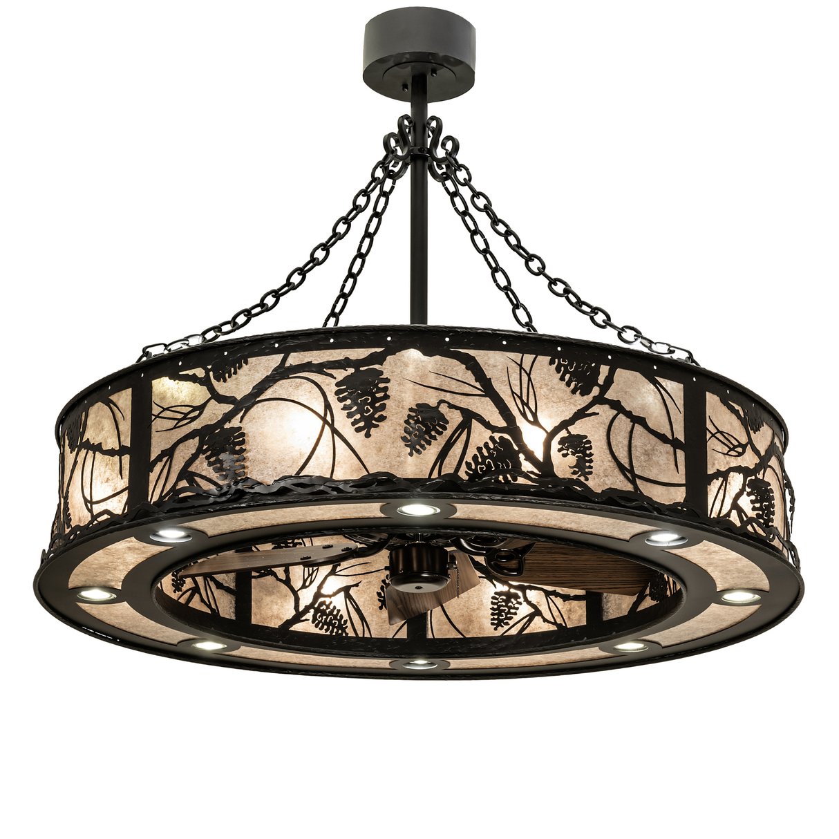 Front lit view of Whispering Pines Chandel-Air glowing through Silver Mica diffuser.