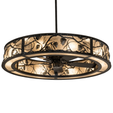 Front view of lit Whispering Pines Chandel-Air with pinecone motif and mica diffuser.