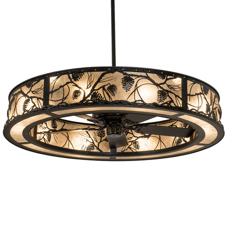 Front view of lit Whispering Pines Chandel-Air with pinecone motif and mica diffuser.