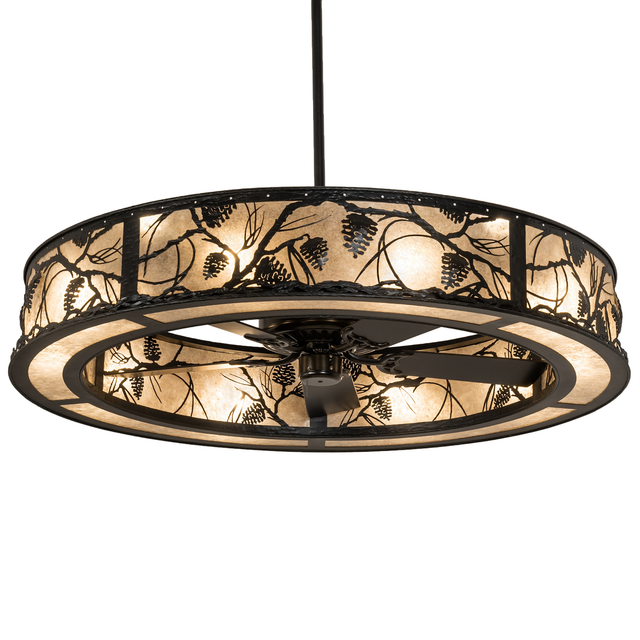 Front view of lit Whispering Pines Chandel-Air with pinecone motif and mica diffuser.