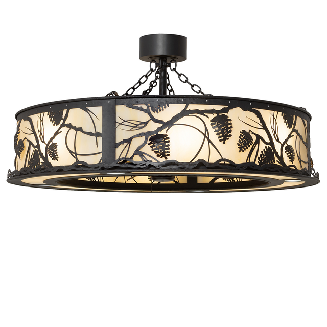 Whispering Pines Chandel-Air glowing through Botticino Idalight with pinecone design.